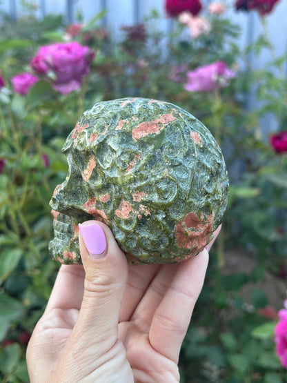 Filigree carved Unakite Skull