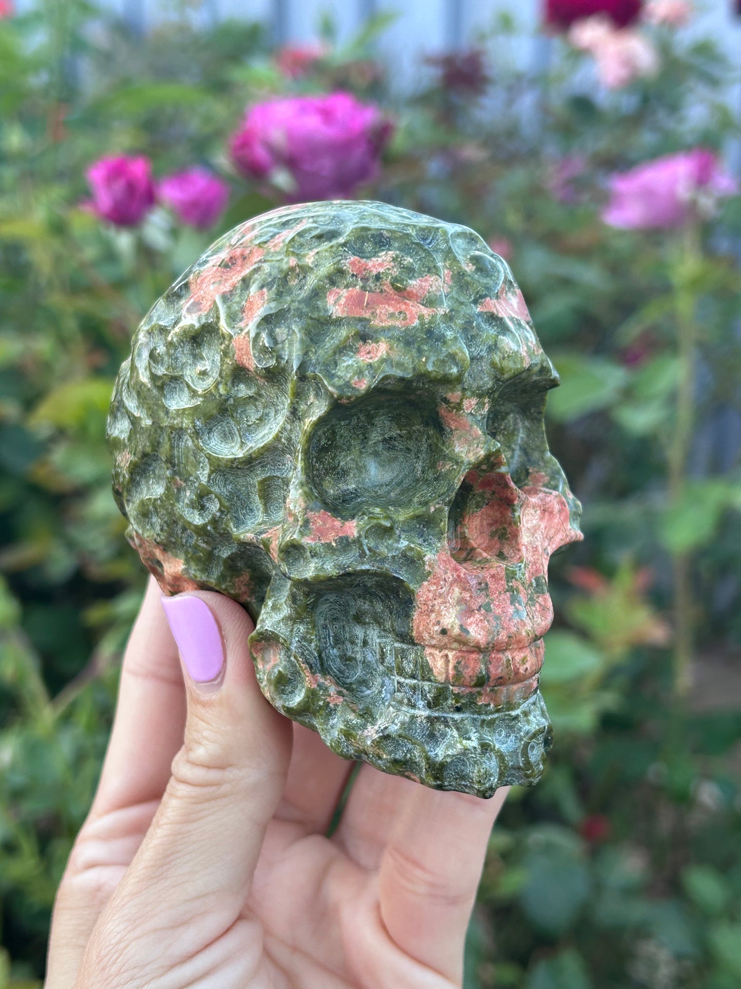 Filigree carved Unakite Skull