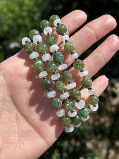 Green Apatite w/ Rainbow Moonstone beads