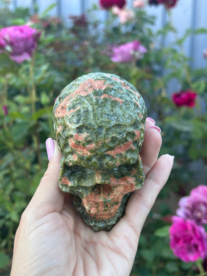 Filigree carved Unakite Skull