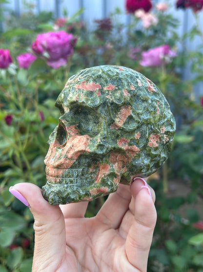 Filigree carved Unakite Skull