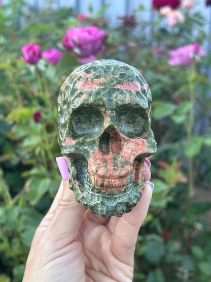 Filigree carved Unakite Skull