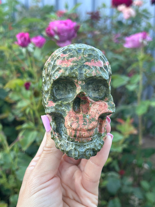 Filigree carved Unakite Skull