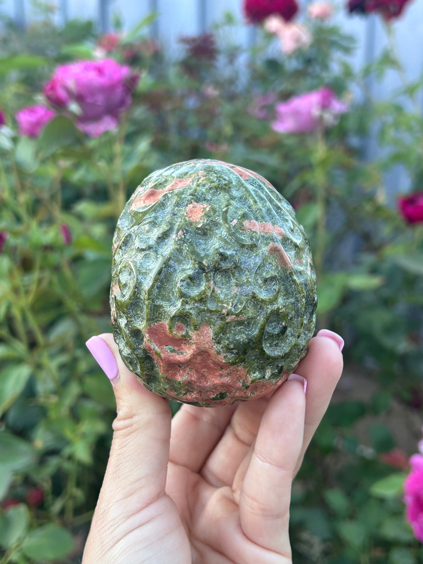 Filigree carved Unakite Skull