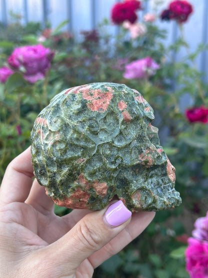 Filigree carved Unakite Skull